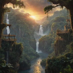 A thrilling adventure movie backdrop depicting a dense jungle with hidden ancient temples, mystical waterfalls, precarious rope bridges and a dramatic sunset