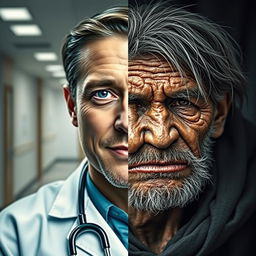 A striking portrait featuring half of a doctor's face and half of a beggar's face, seamlessly blended in the middle