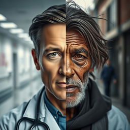 A striking portrait featuring half of a doctor's face and half of a beggar's face, seamlessly blended in the middle