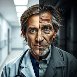 A striking portrait featuring half of a doctor's face and half of a beggar's face, seamlessly blended in the middle