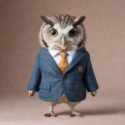 An owl adorably dressed in a stylish, well-fitted jacket