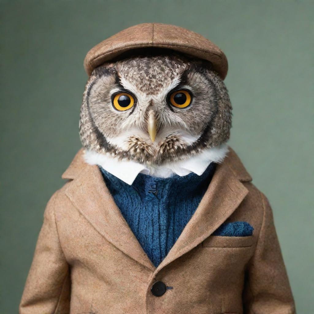 An owl adorably dressed in a stylish, well-fitted jacket