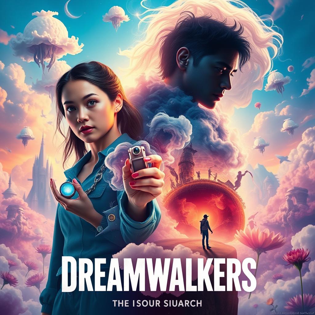 An imaginative and captivating movie poster for 'Dreamwalkers', showcasing a surreal dreamscape filled with vibrant colors and whimsical elements