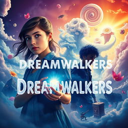 An imaginative and captivating movie poster for 'Dreamwalkers', showcasing a surreal dreamscape filled with vibrant colors and whimsical elements