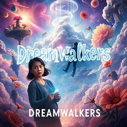 An imaginative and captivating movie poster for 'Dreamwalkers', showcasing a surreal dreamscape filled with vibrant colors and whimsical elements