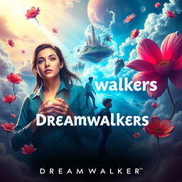 An imaginative and captivating movie poster for 'Dreamwalkers', showcasing a surreal dreamscape filled with vibrant colors and whimsical elements