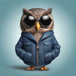 A cartoon owl wearing a fashionable jacket and trendy black sunglasses