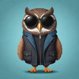 A cartoon owl wearing a fashionable jacket and trendy black sunglasses