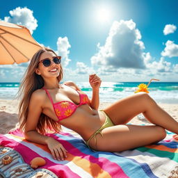 A stunning beach scene featuring a beautiful woman wearing a vibrant bikini