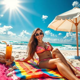 A stunning beach scene featuring a beautiful woman wearing a vibrant bikini