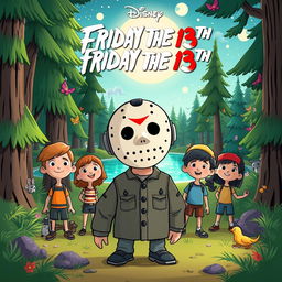 A whimsical yet slightly spooky animated movie poster for 'Friday the 13th', reimagined as a family-friendly Disney film