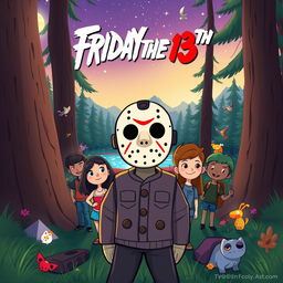 A whimsical yet slightly spooky animated movie poster for 'Friday the 13th', reimagined as a family-friendly Disney film