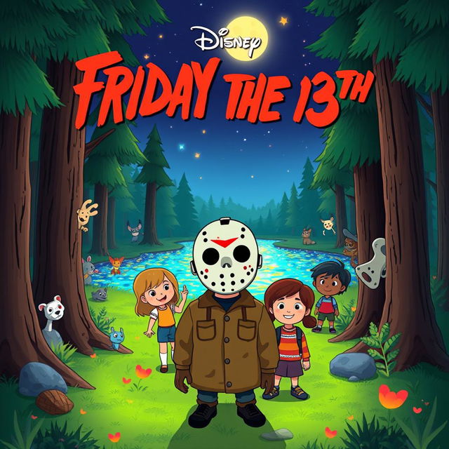 A whimsical yet slightly spooky animated movie poster for 'Friday the 13th', reimagined as a family-friendly Disney film