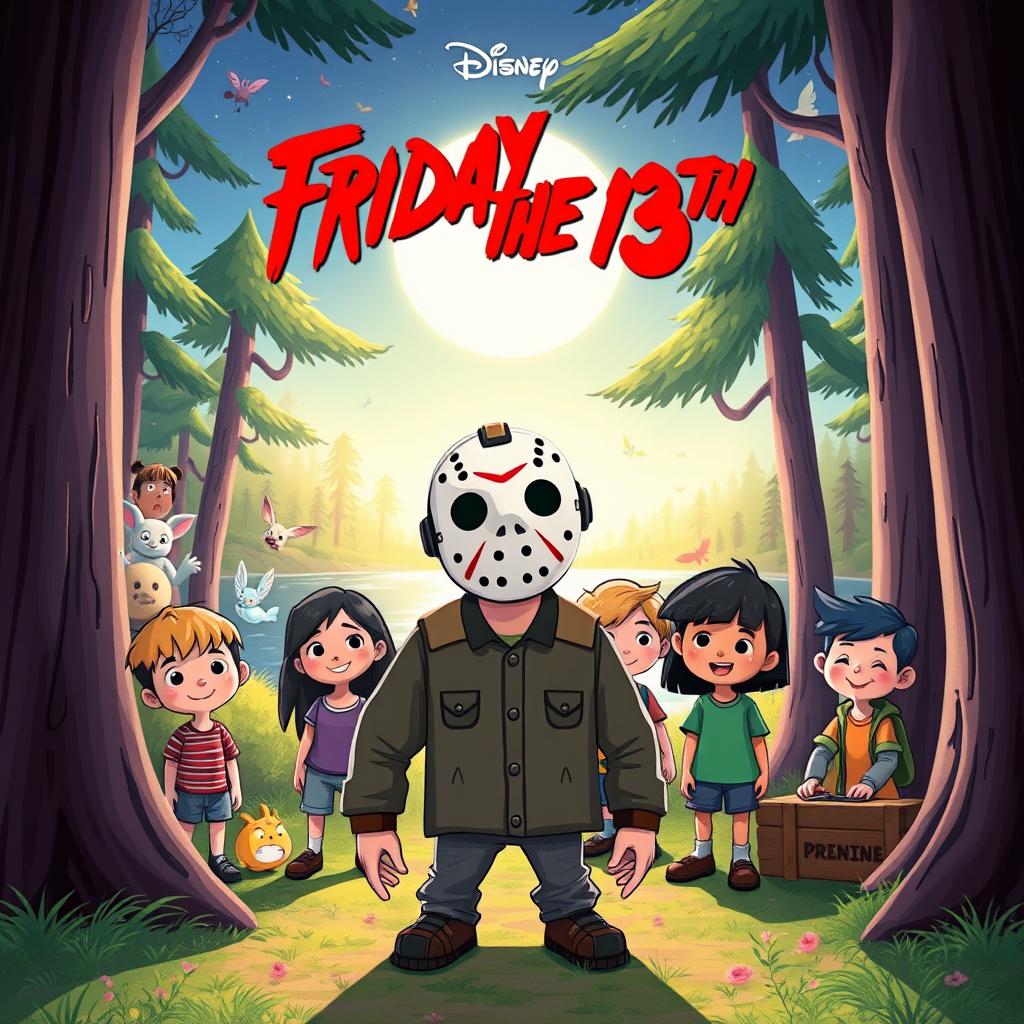 A whimsical yet slightly spooky animated movie poster for 'Friday the 13th', reimagined as a family-friendly Disney film