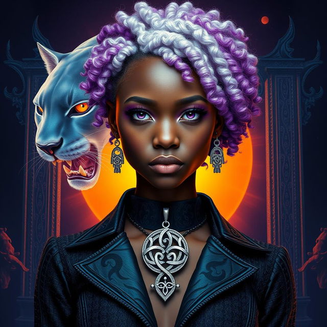 A large transparent panther and the ethereal gates of Valhalla positioned behind an African American female teen with slitted purple cat eyes and curly white hair with vibrant purple ends, displaying angular features