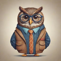 A whimsical cartoon owl stylishly dressed in a jacket and wearing nerdy glasses