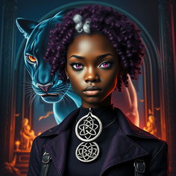 A large transparent panther and the ethereal gates of Valhalla positioned behind an African American female teen with slitted purple cat eyes and curly white hair with vibrant purple ends, displaying angular features