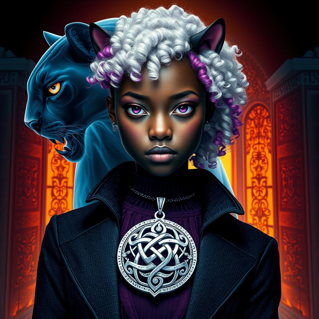 A large transparent panther and the ethereal gates of Valhalla positioned behind an African American female teen with slitted purple cat eyes and curly white hair with vibrant purple ends, displaying angular features