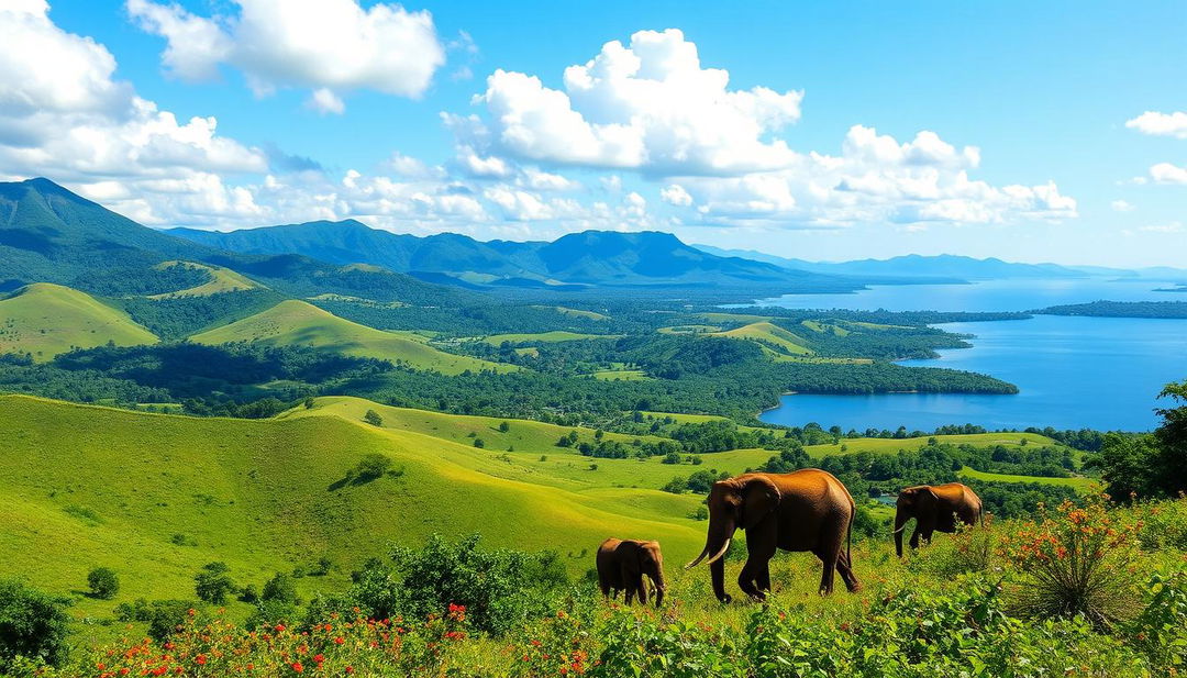 A beautiful landscape depicting the lush greenery and natural scenery of Uganda, featuring rolling hills, and the vibrant colors of native flora