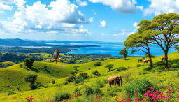 A beautiful landscape depicting the lush greenery and natural scenery of Uganda, featuring rolling hills, and the vibrant colors of native flora