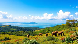 A beautiful landscape depicting the lush greenery and natural scenery of Uganda, featuring rolling hills, and the vibrant colors of native flora