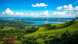 A beautiful landscape depicting the lush greenery and natural scenery of Uganda, featuring rolling hills, and the vibrant colors of native flora