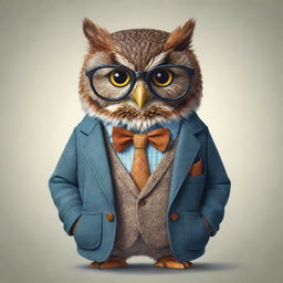 A whimsical cartoon owl stylishly dressed in a jacket and wearing nerdy glasses