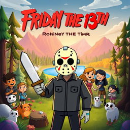 A playful and colorful animated movie poster for 'Friday the 13th', reimagined as a family-friendly Disney film