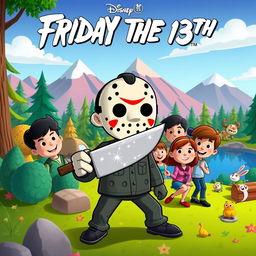 A playful and colorful animated movie poster for 'Friday the 13th', reimagined as a family-friendly Disney film