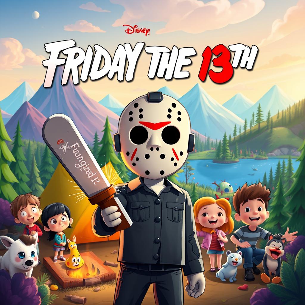 A playful and colorful animated movie poster for 'Friday the 13th', reimagined as a family-friendly Disney film