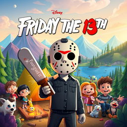 A playful and colorful animated movie poster for 'Friday the 13th', reimagined as a family-friendly Disney film