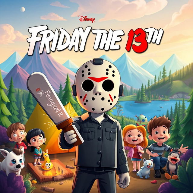 A playful and colorful animated movie poster for 'Friday the 13th', reimagined as a family-friendly Disney film