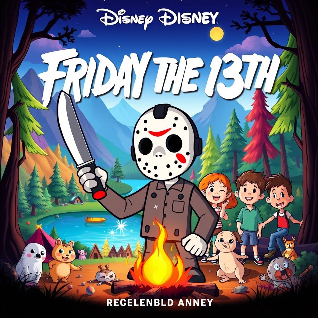 A playful and colorful animated movie poster for 'Friday the 13th', reimagined as a family-friendly Disney film