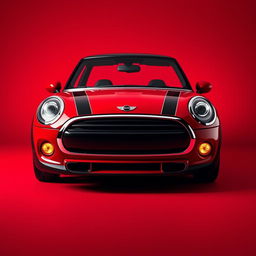 A striking image of a Mini Cooper in a vibrant and bold deep red color, showcasing its compact design and classic features