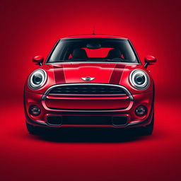 A striking image of a Mini Cooper in a vibrant and bold deep red color, showcasing its compact design and classic features