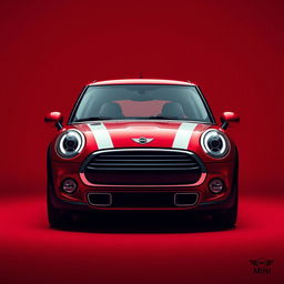 A striking image of a Mini Cooper in a vibrant and bold deep red color, showcasing its compact design and classic features