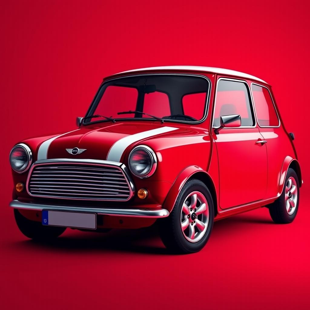 A striking image of a Mini Cooper in a vibrant and bold deep red color, showcasing its compact design and classic features