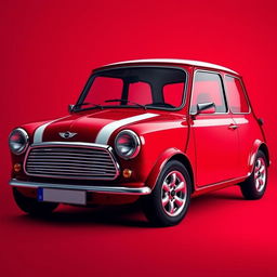 A striking image of a Mini Cooper in a vibrant and bold deep red color, showcasing its compact design and classic features