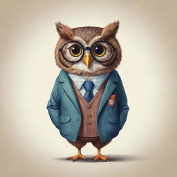 A whimsical cartoon owl stylishly dressed in a jacket and wearing nerdy glasses