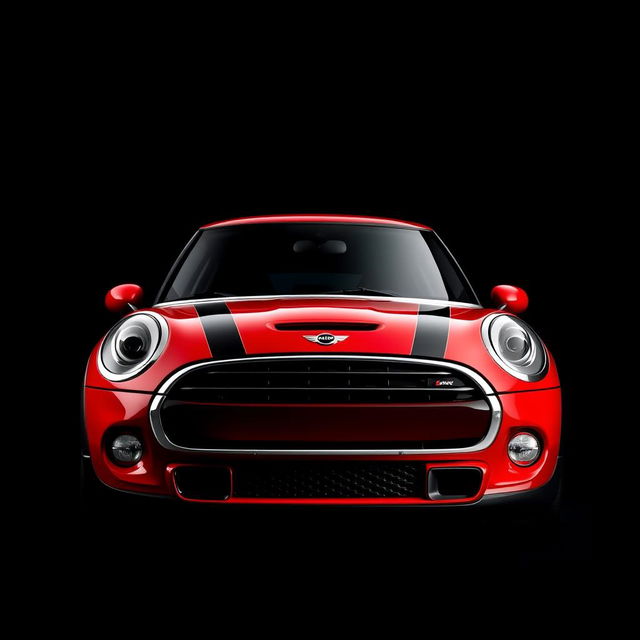 A bold image of a Mini Cooper in a striking and glossy red color, positioned against a deep black background that elegantly contrasts with its vibrant hue