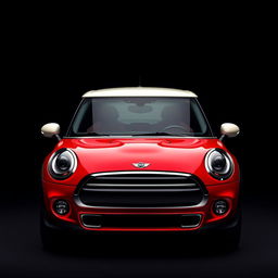 A bold image of a Mini Cooper in a striking and glossy red color, positioned against a deep black background that elegantly contrasts with its vibrant hue