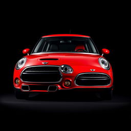 A bold image of a Mini Cooper in a striking and glossy red color, positioned against a deep black background that elegantly contrasts with its vibrant hue