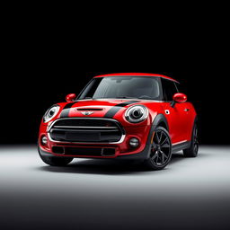 A bold image of a Mini Cooper in a striking and glossy red color, positioned against a deep black background that elegantly contrasts with its vibrant hue