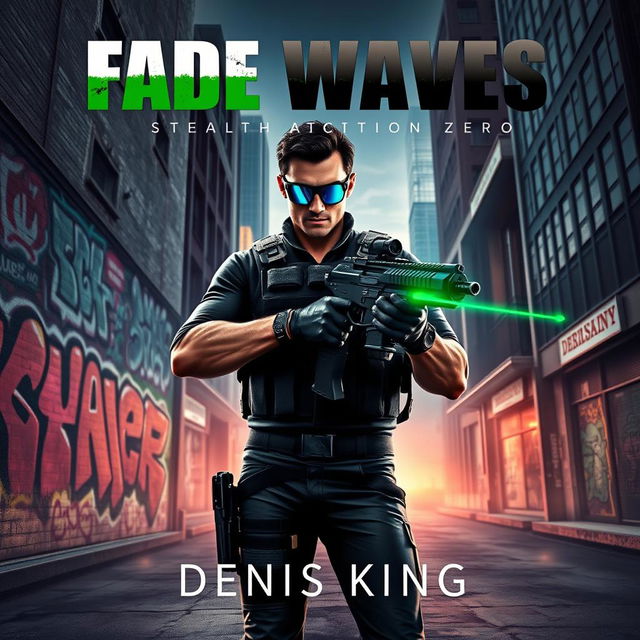 A thrilling book cover for 'FADE WAVES', set in an urban local zone with gritty street elements