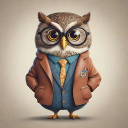 A whimsical cartoon owl stylishly dressed in a jacket and wearing nerdy glasses