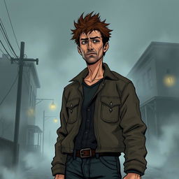 An illustration of a 40-year-old man with spiky brown hair, inspired by the character designs in Silent Hill 2