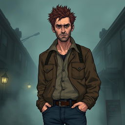 An illustration of a 40-year-old man with spiky brown hair, inspired by the character designs in Silent Hill 2