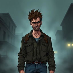 An illustration of a 40-year-old man with spiky brown hair, inspired by the character designs in Silent Hill 2