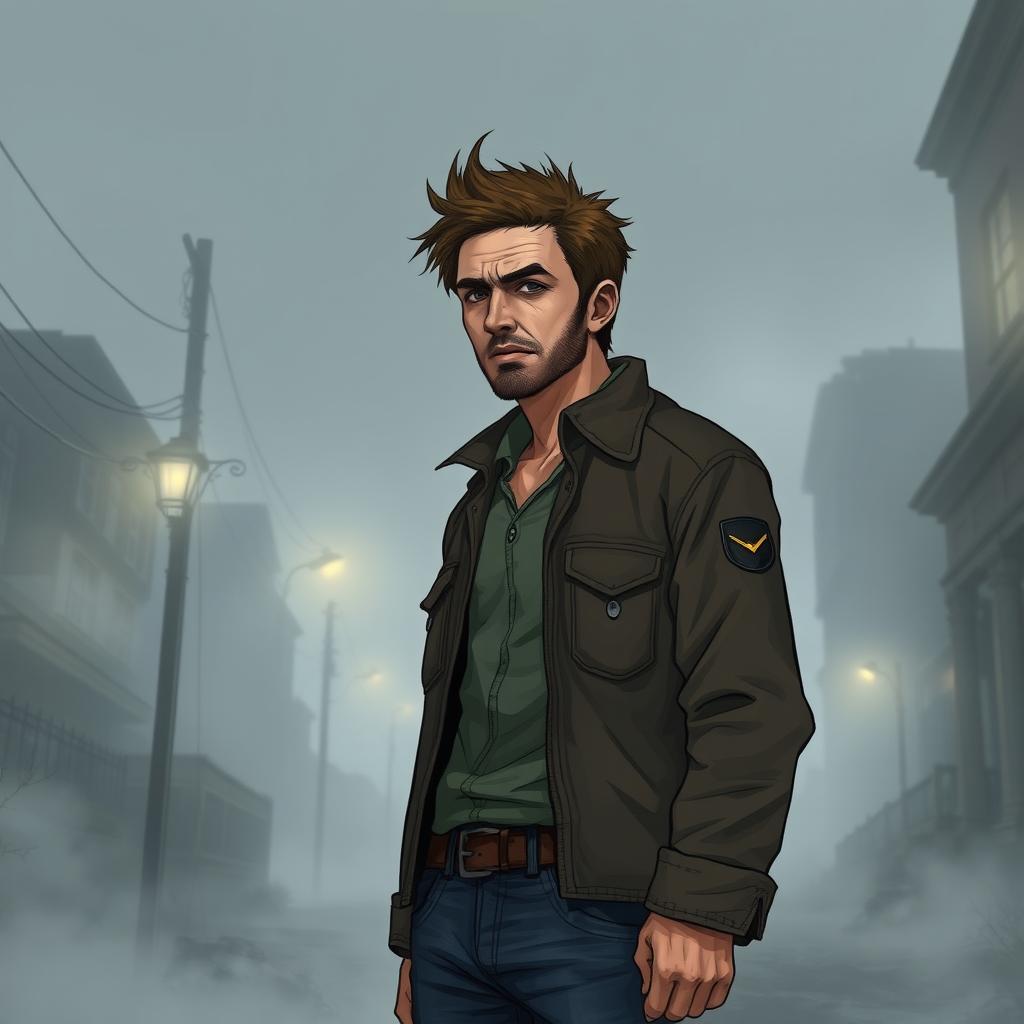 An illustration of a 40-year-old man with spiky brown hair, inspired by the character designs in Silent Hill 2