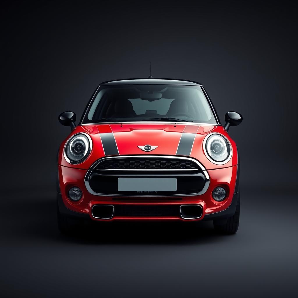 An eye-catching image of a Mini Cooper in a vibrant red color, set against a deep gray background that beautifully contrasts with its bold hue